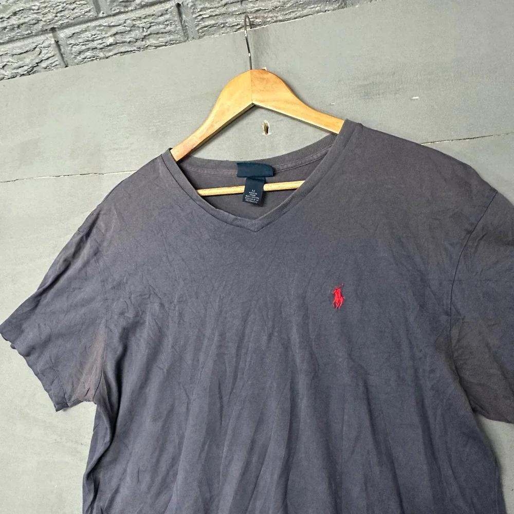 Polo Ralph Lauren‎ Mens V-Neck T-Shirt Navy Blue Red Pony Logo Size M Cotton